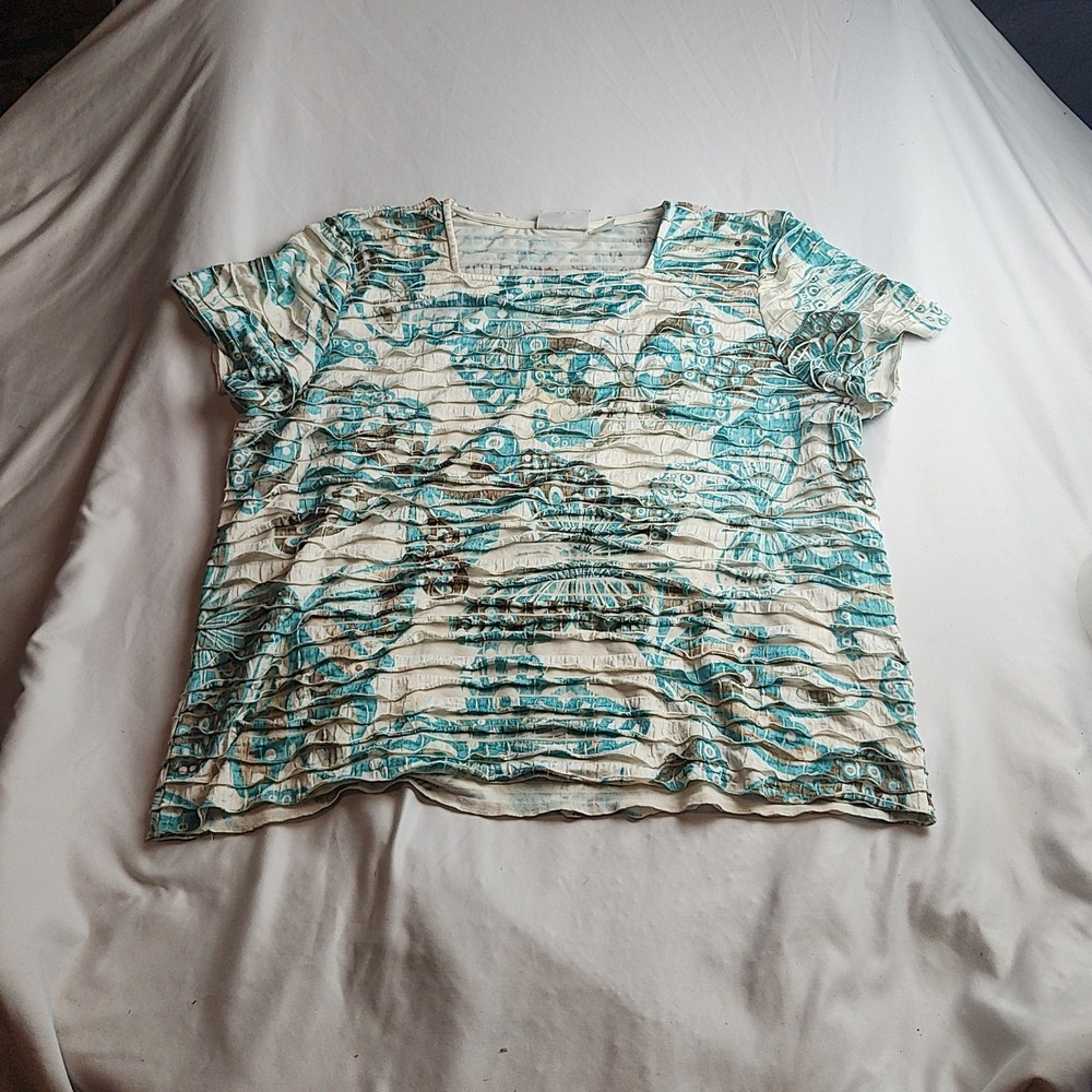 Alfred Dunner Ruched Blouse Top Teal Abstract Print Women's Size Large